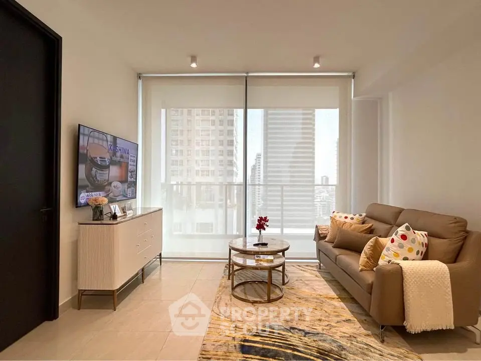 Modern living room with city view, stylish furniture, and natural light.