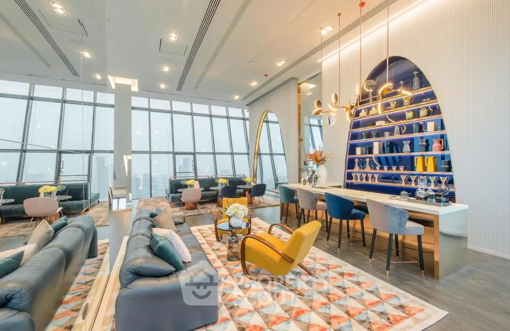 Luxurious modern living room with panoramic city views and stylish decor