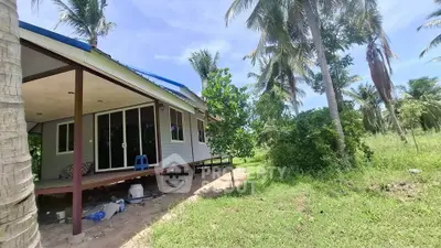 Charming tropical house with lush greenery and palm trees, perfect for serene living.