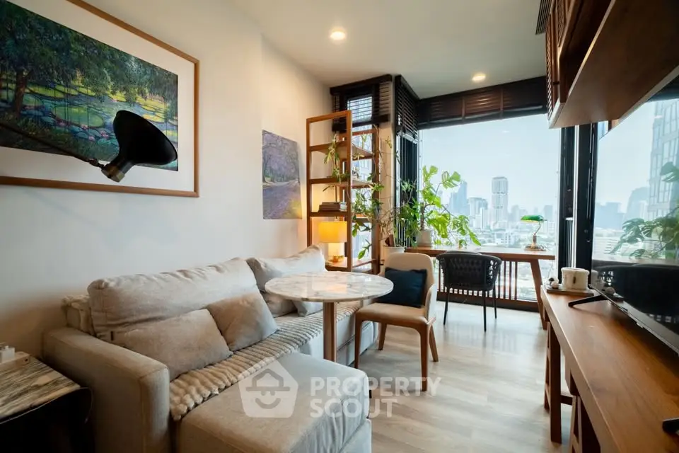 Chic urban living room with stunning city view, cozy seating, and modern decor.