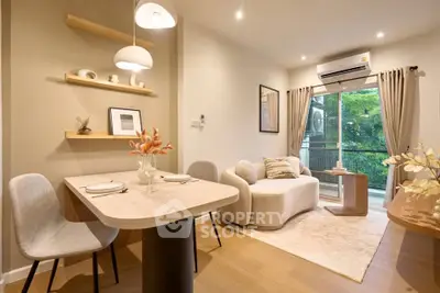 Modern living room with stylish decor and large window view