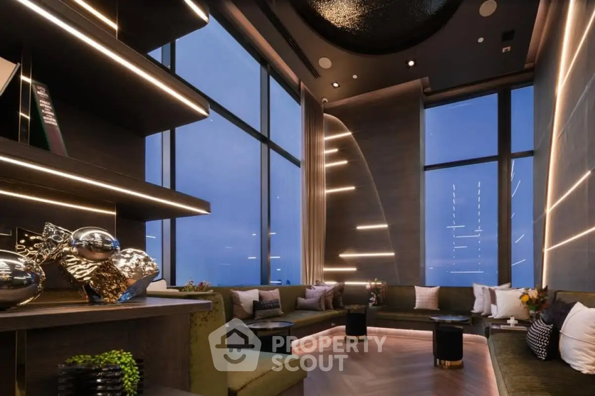 Luxurious modern living room with panoramic city views and elegant lighting
