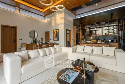 Luxurious modern living room with elegant decor and open kitchen layout