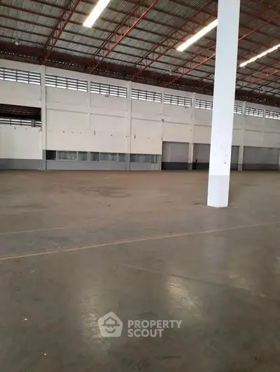 Spacious industrial warehouse with high ceilings and ample floor space.