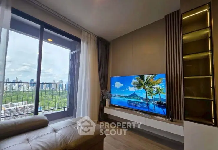 Modern living room with large windows and stunning view