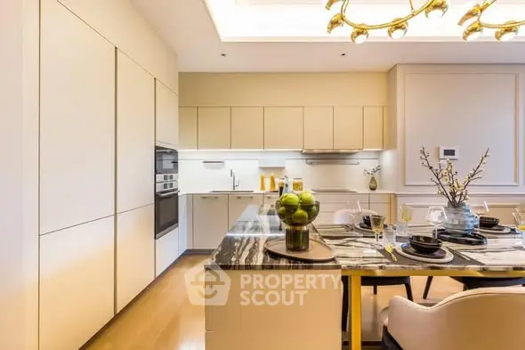 Luxurious modern kitchen with elegant dining area and sleek cabinetry