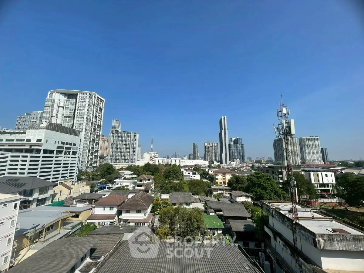 Stunning cityscape view showcasing modern high-rise buildings under a clear blue sky.