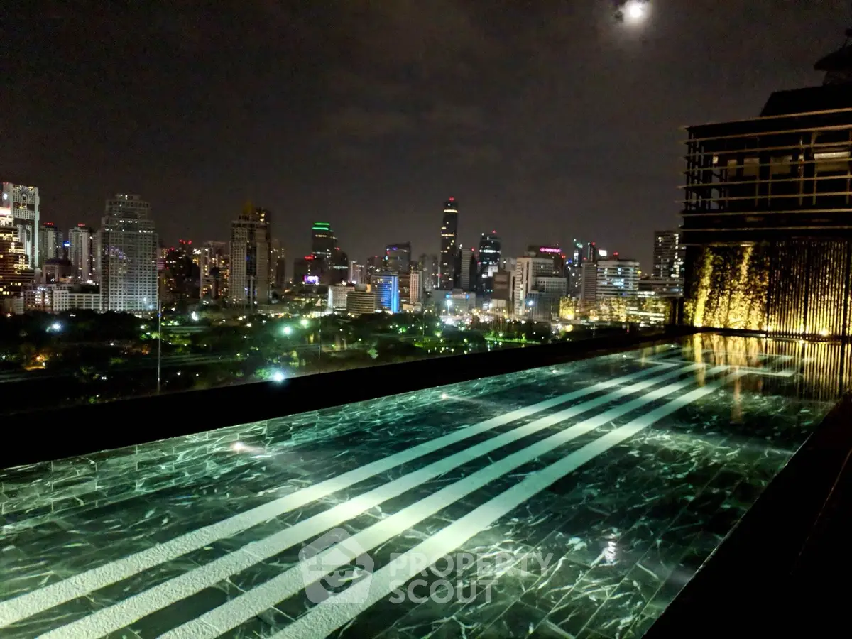 Luxurious rooftop pool with stunning city skyline view at night