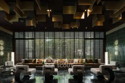 Luxurious modern living room with unique ceiling design and stylish furniture