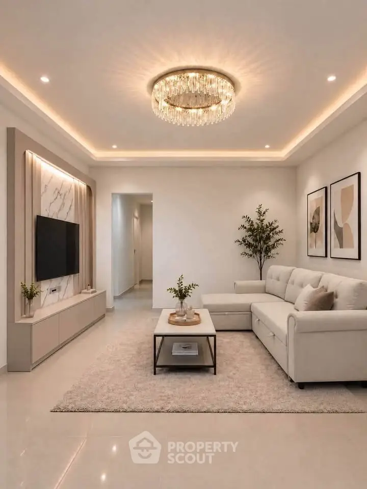 Elegant living room with modern chandelier and stylish decor