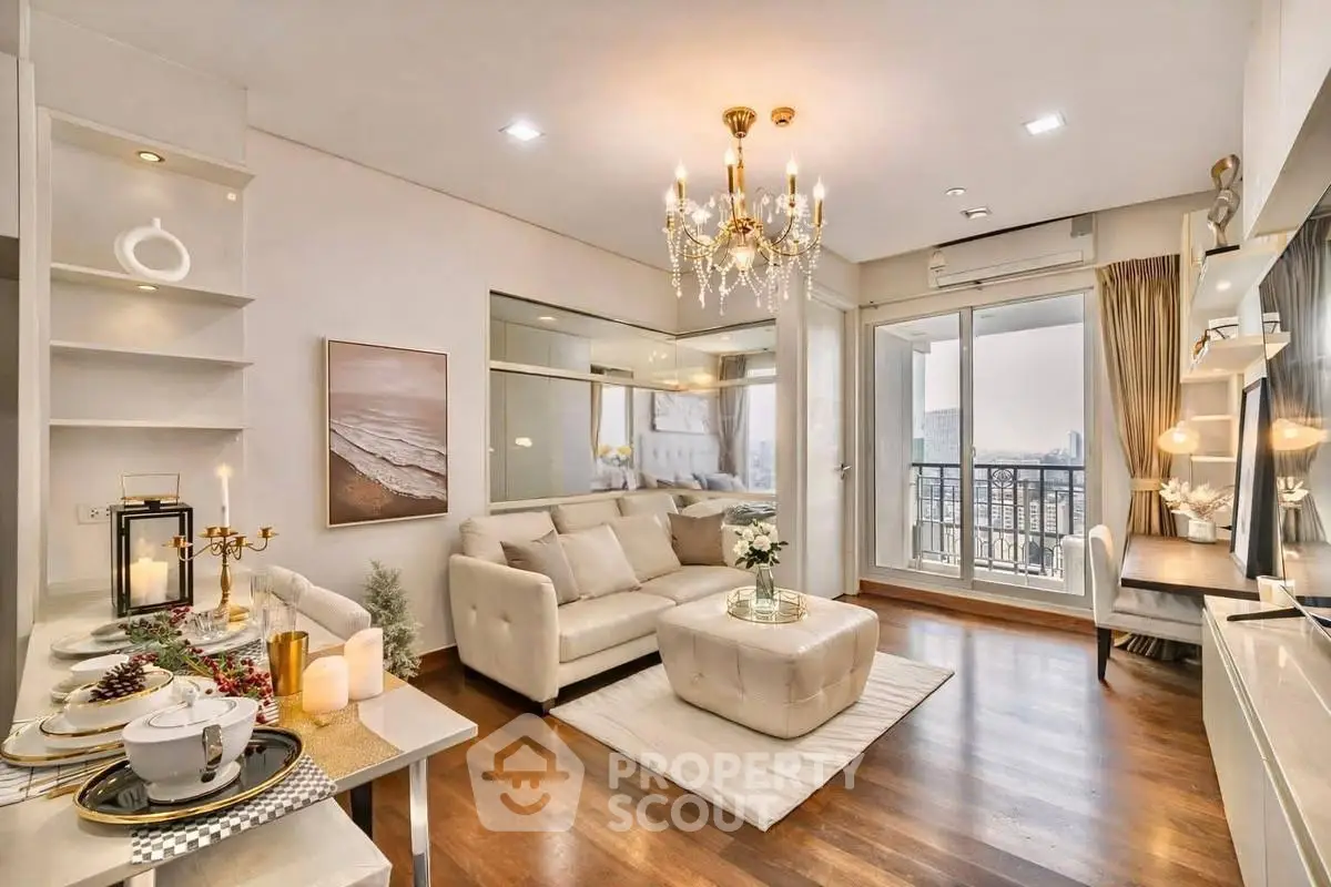 Luxurious living room with elegant chandelier and balcony view