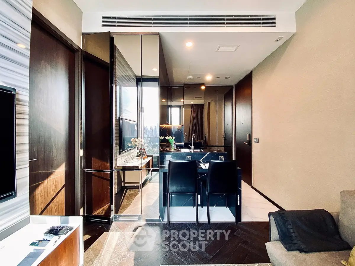Luxurious modern living room with elegant dining area and city view, featuring sleek furniture and stylish decor.
