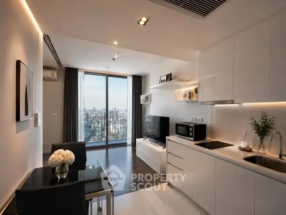 Modern open-layout kitchen and living room with city view in luxury apartment.