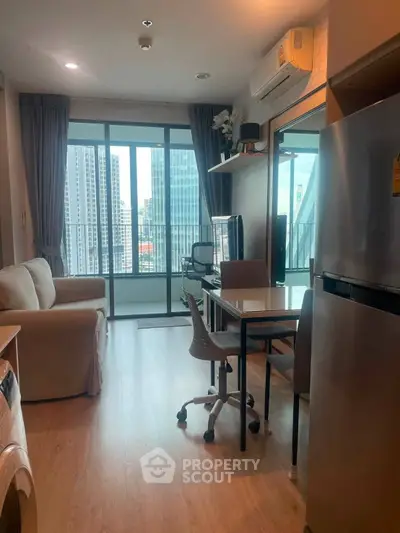 Modern apartment living room with city view and stylish furnishings