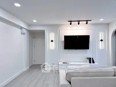Modern living room with sleek design and wall-mounted TV