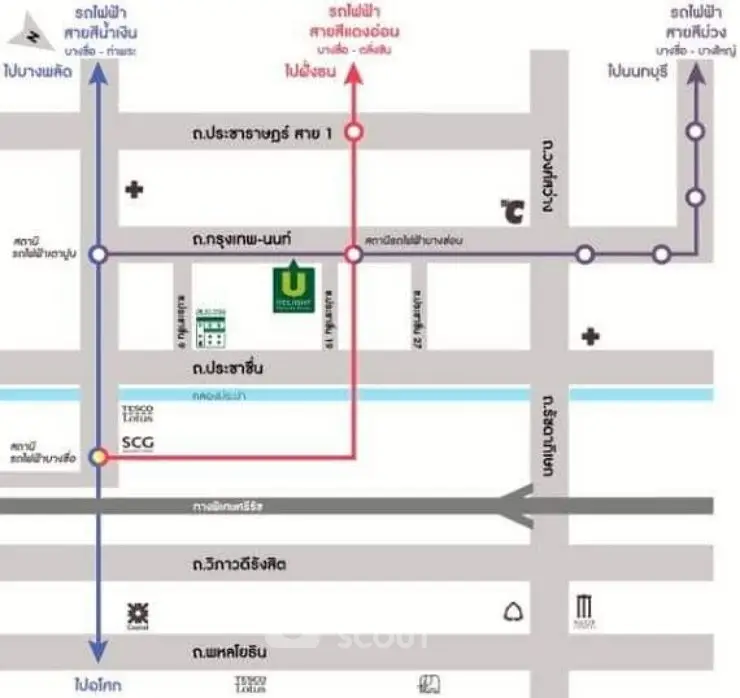 Map showing directions to a real estate location with nearby landmarks and routes.