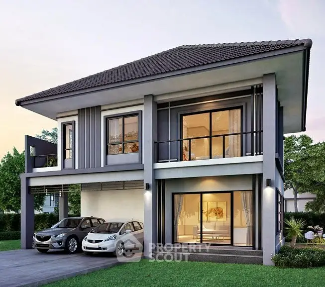 Modern two-story house with large windows and carport in a lush green setting.