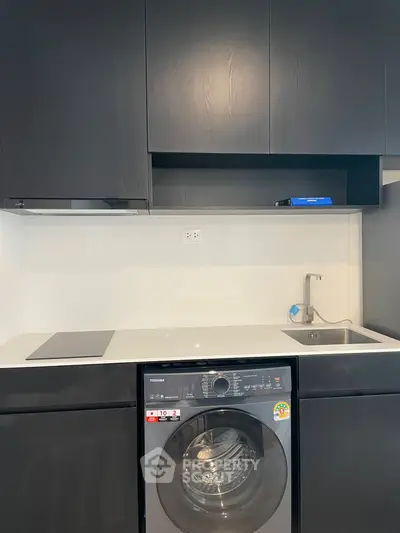 Modern kitchen with sleek black cabinets and built-in washing machine