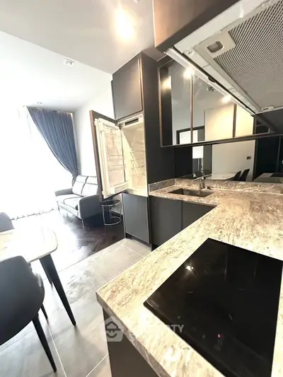Modern kitchen with sleek black cabinetry and marble countertops, open layout to stylish living area.