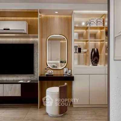 Modern living room with stylish decor, built-in shelves, and elegant lighting.