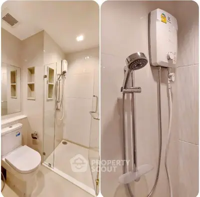 Modern bathroom with glass shower and water heater, sleek design and neutral tones.