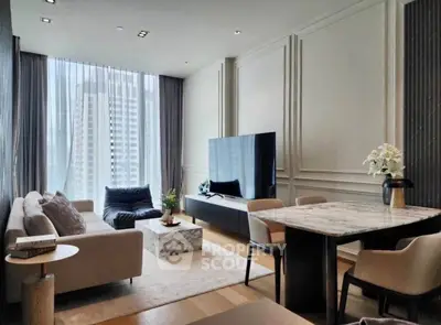 Luxurious modern living room with elegant decor and city view, featuring a marble dining table and plush seating.