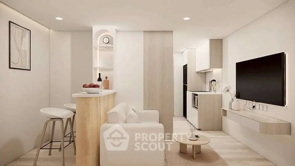 Modern minimalist living room with open kitchen and sleek design