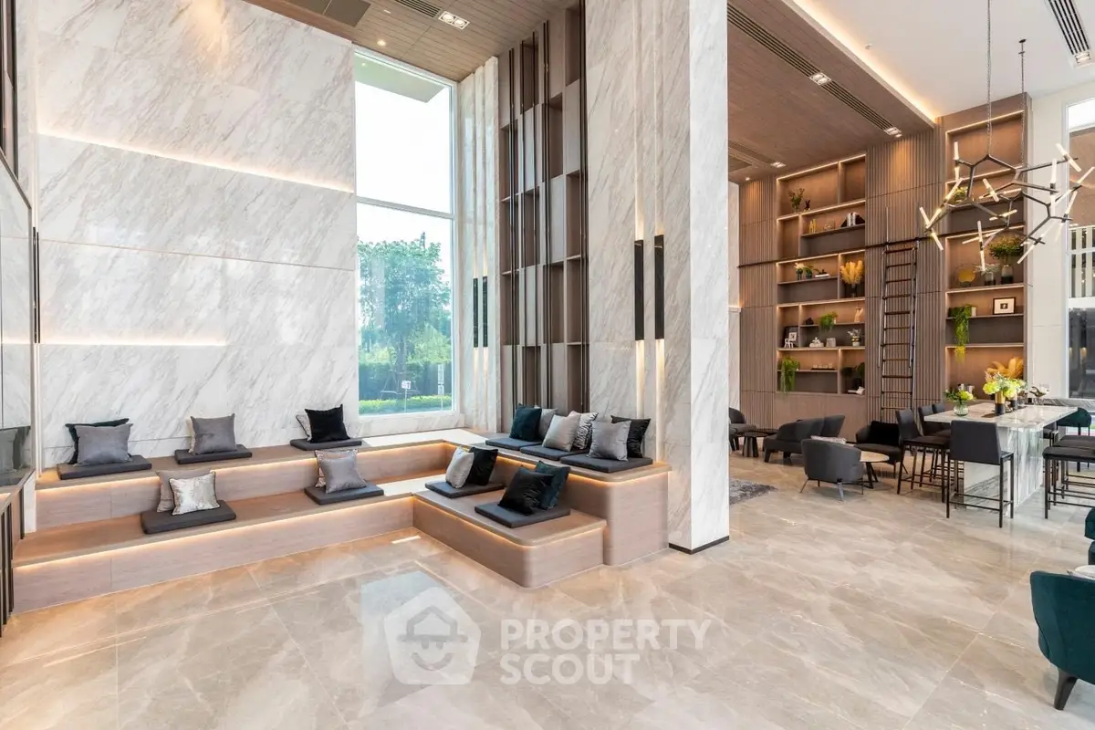 Luxurious modern living room with high ceilings and elegant decor