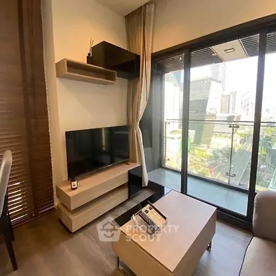 Modern living room with city view and balcony access