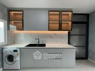 Modern kitchen with sleek cabinetry and built-in washing machine