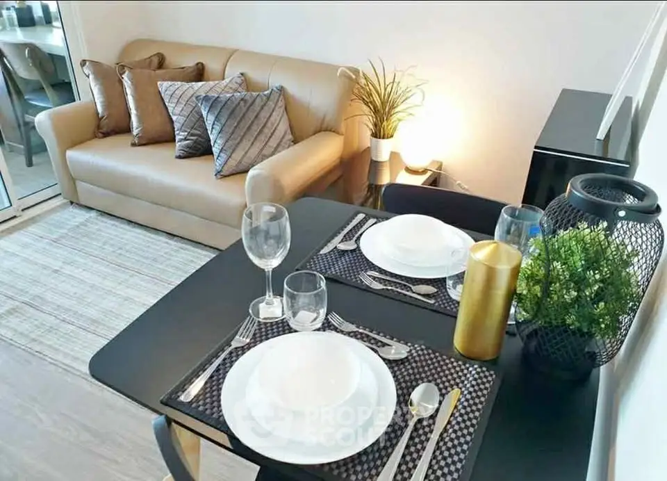Cozy living room with elegant dining setup and stylish decor