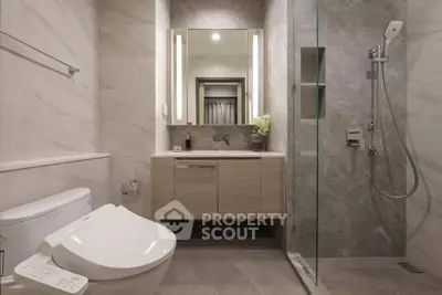 Luxurious modern bathroom with sleek fixtures and elegant marble design