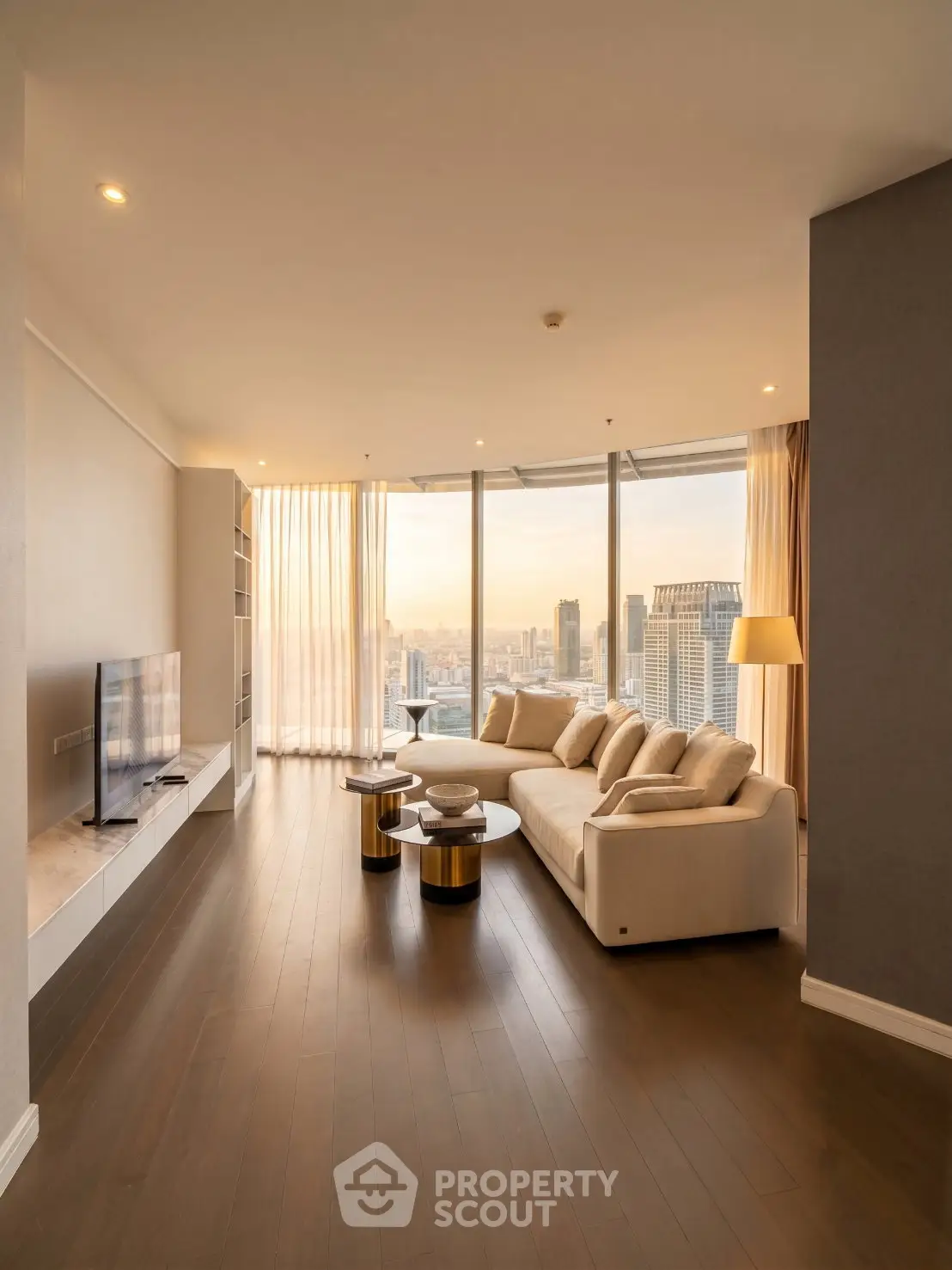 Luxurious living room with panoramic city view and elegant furnishings