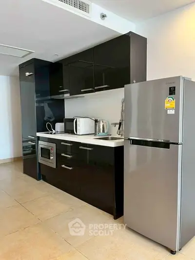 Modern kitchen with sleek black cabinets and stainless steel appliances