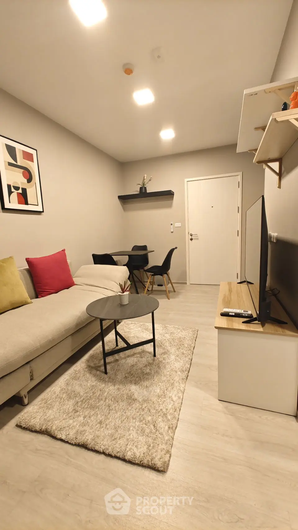 Modern living room with stylish decor and cozy seating area