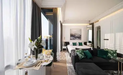 Luxurious modern living room with elegant decor and stunning city view