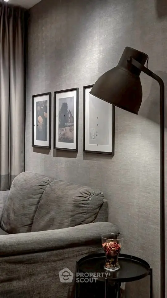 Cozy living room with stylish decor and modern floor lamp