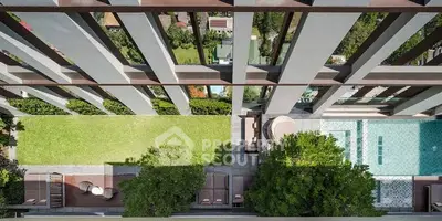 Luxurious rooftop view with pool and garden in modern building