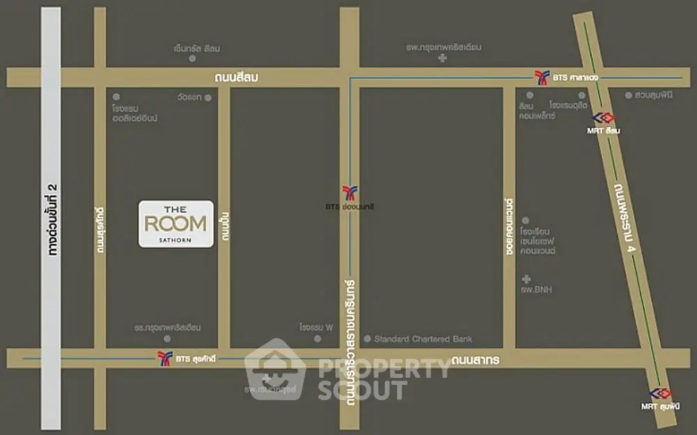 Map showing location of The Room Sathorn with nearby BTS and MRT stations.