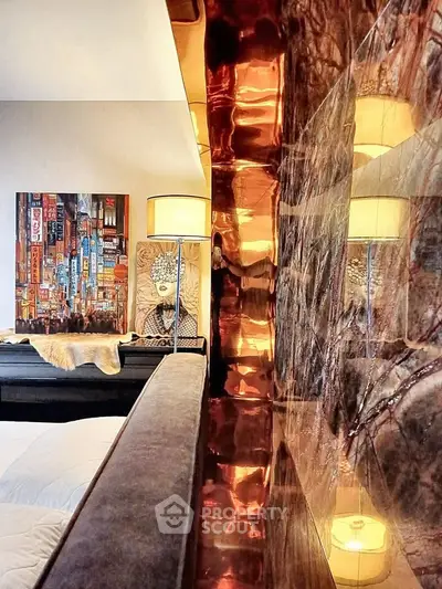 Luxurious bedroom with artistic decor and unique wall design