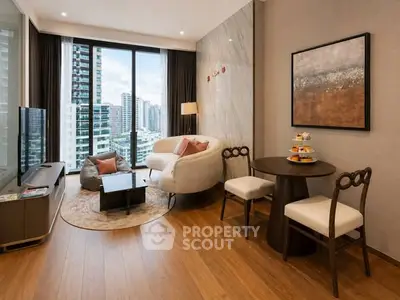 Modern living room with city view, elegant furniture, and stylish decor in a high-rise apartment.