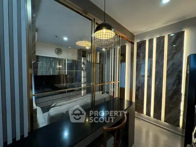 Luxurious modern living room with elegant lighting and stylish decor