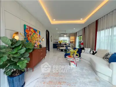 Luxurious modern living room with elegant decor and spacious layout, featuring stylish furniture and vibrant artwork.