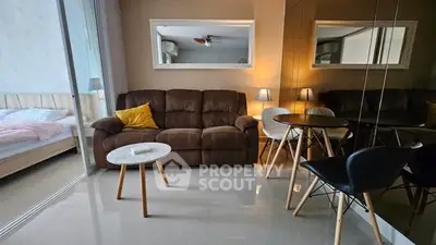 Modern living room with cozy sofa and stylish decor