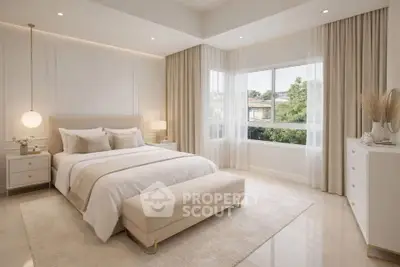 Luxurious bedroom with elegant decor and large window view.