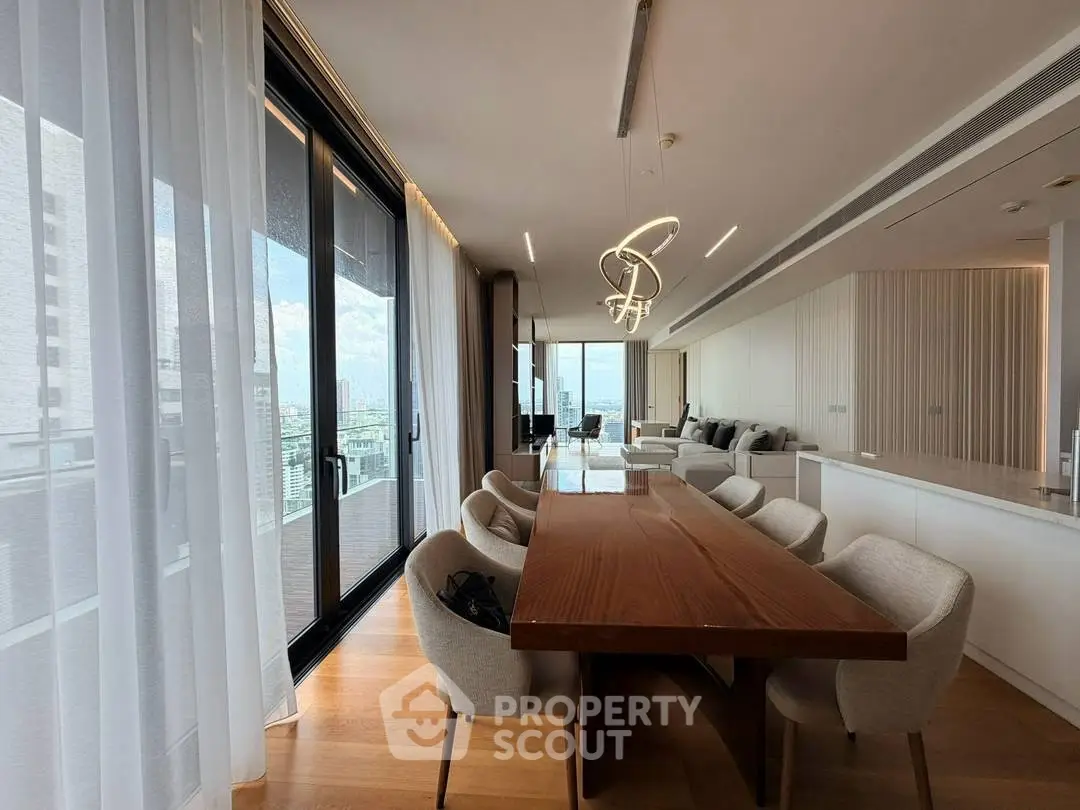 Luxurious modern dining area with floor-to-ceiling windows and elegant lighting in a high-rise apartment.