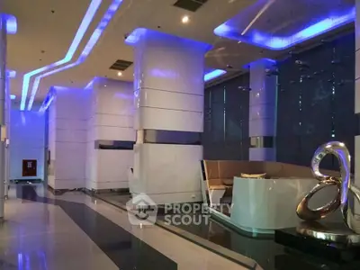 Luxurious modern lobby with futuristic design and ambient lighting