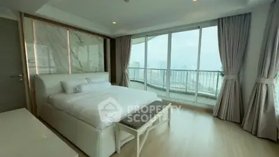 Luxurious bedroom with stunning city view and large windows in modern apartment