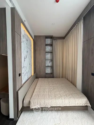 Modern bedroom with elegant wood paneling and stylish marble accents