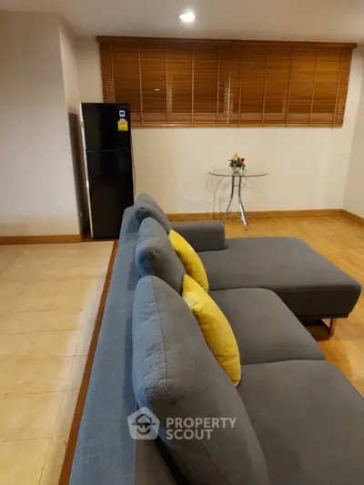 Spacious living room with modern gray sofa and stylish decor